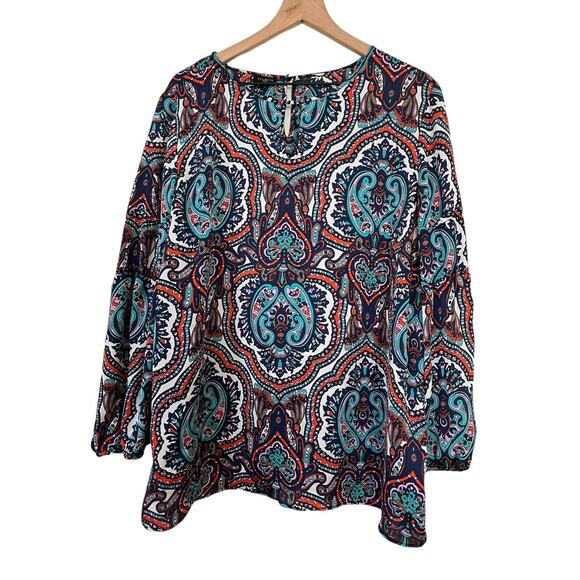 Talbots Womens Blue Red Paisley Long Seeve Blouse Size 2X - Picture 1 of 7
